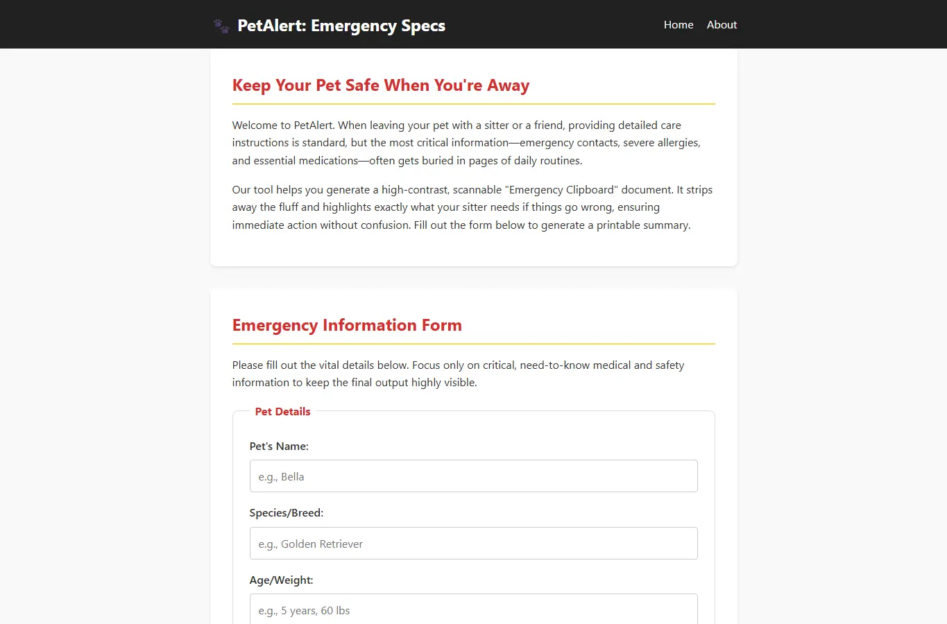 Screenshot of PetAlert: Emergency Care Specs interface showing the project page in use
